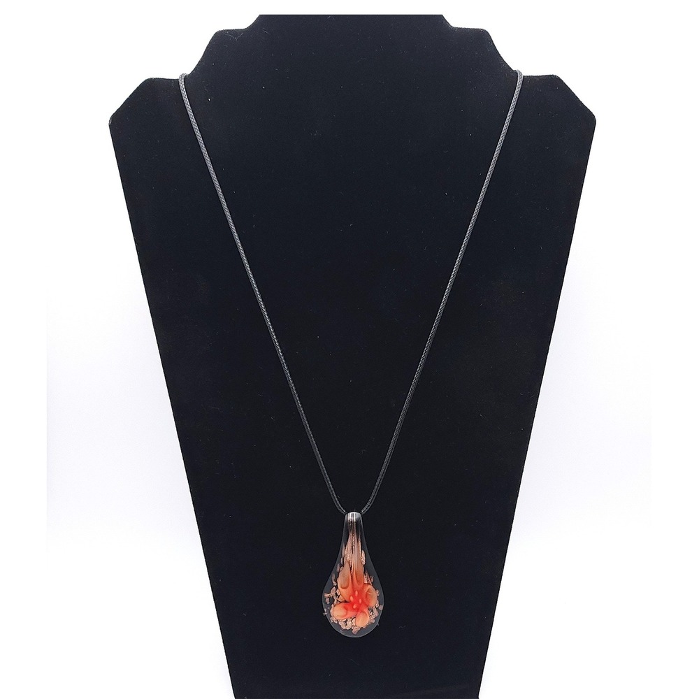 Murano Style Lampwork Glass Floral Pendant Necklace Black Cord 24-26"